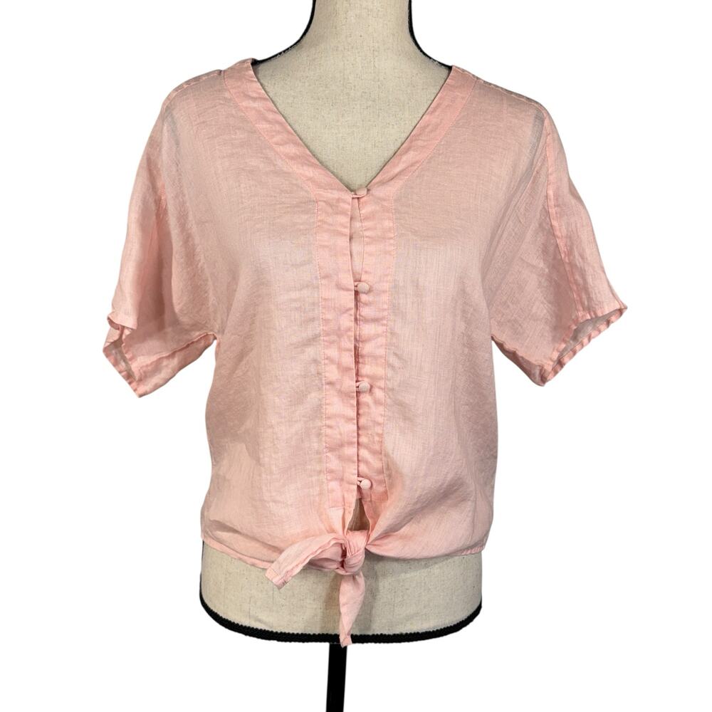 Vince Camuto Small 100% Linen Top Button-Up Dolman Sleeves V-Neck Tie Front Pink